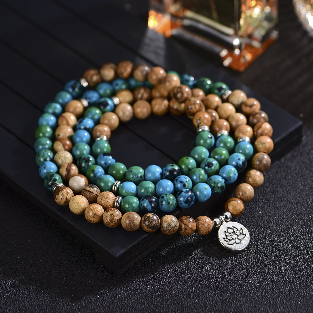 Chrysocolla 108 Mala Beads Prayer Necklace Healing Natural Stone Reiki Bracelet